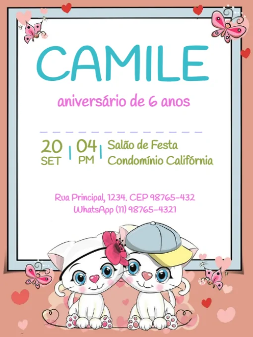 Modelo de convite - aniversário casal gatos para editar