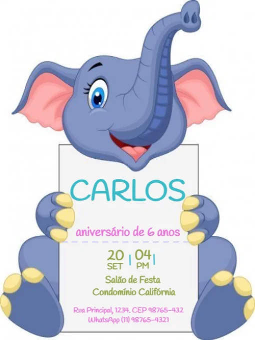 Modelo de convite - aniversário elefante para editar