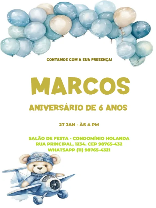 Modelo de convite - aniversário infantil avião para editar
