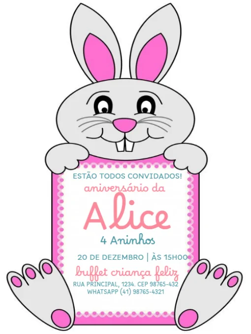 Modelo de convite - aniversário infantil feminino coelhinha para editar
