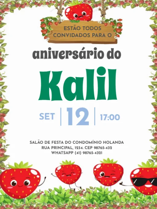 Modelo de convite - aniversário infantil morango para editar