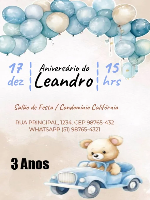 Modelo de convite - aniversário infantil masculino ursinho carro para editar