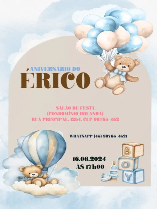 Convite De Aniversário Infantil Masculino Ursinho balão Para Editar Convite De Aniversário Infantil Masculino Ursinho balão Para Editar