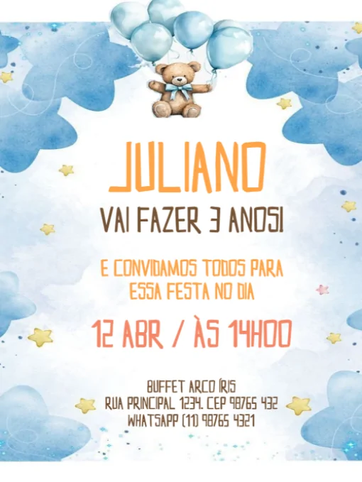 Modelo de convite - aniversário infantil masculino ursinho para editar