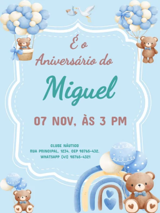 Convite De Aniversário Infantil Masculino Ursinho Para Editar Convite De Aniversário Infantil Masculino Ursinho Para Editar
