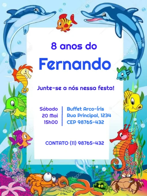 Modelo de convite - aniversário infantil fundo do mar para editar