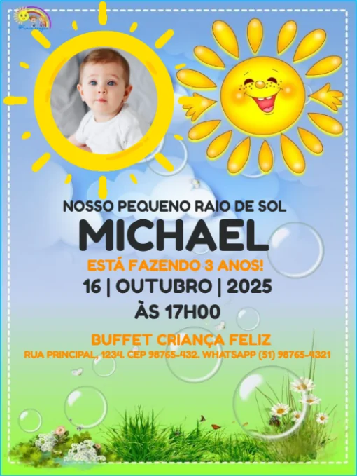 Modelo de convite - aniversário sol com foto azul