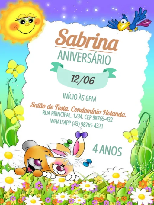 Modelo de convite - aniversário animais e sol para editar