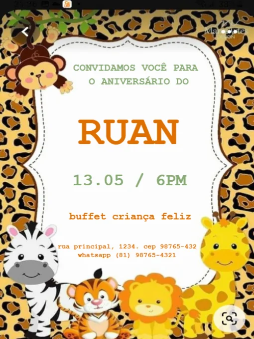 Modelo de convite - aniversário animais colorido para editar