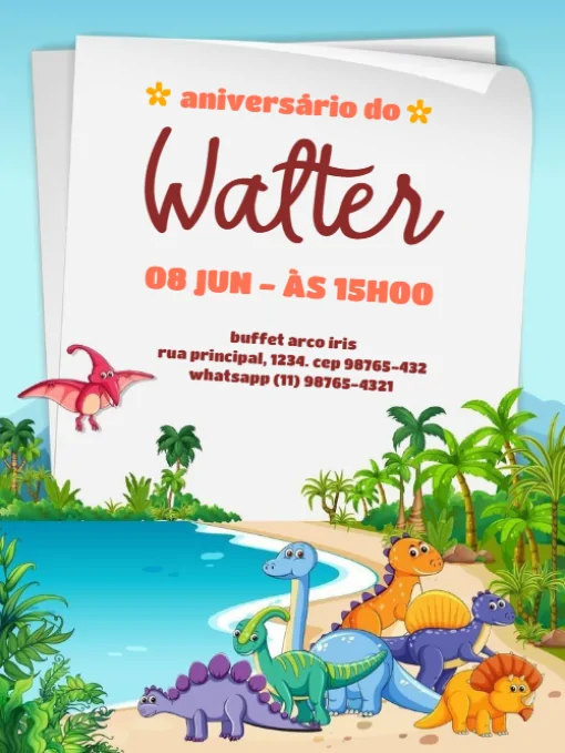 Modelo de convite - aniversário dinossauros floresta para editar