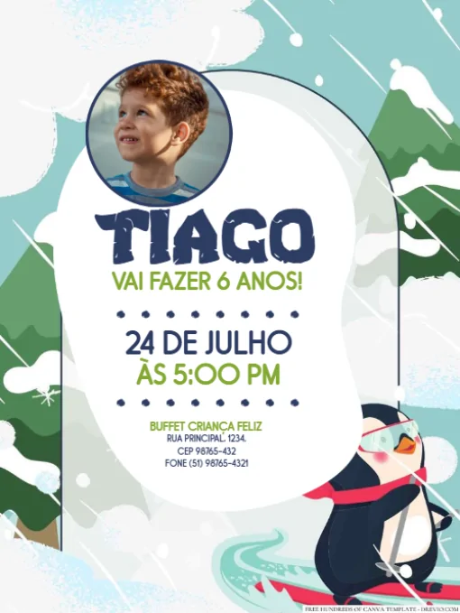 Modelo de convite - aniversário pinguim infantil para editar