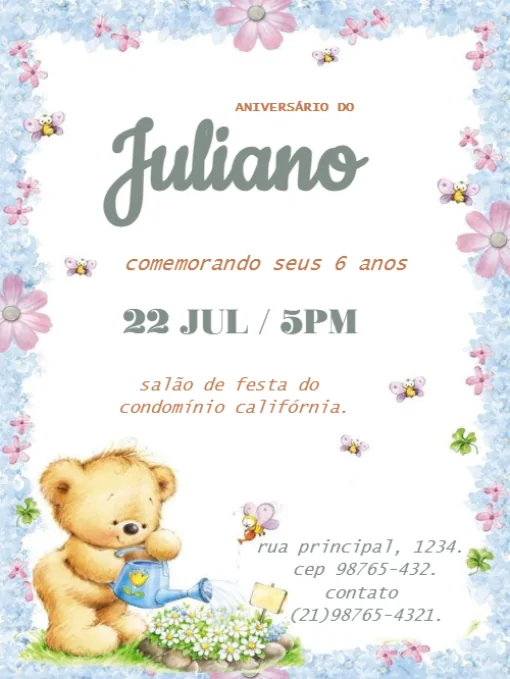 Modelo de convite - aniversário ursinho floral para editar