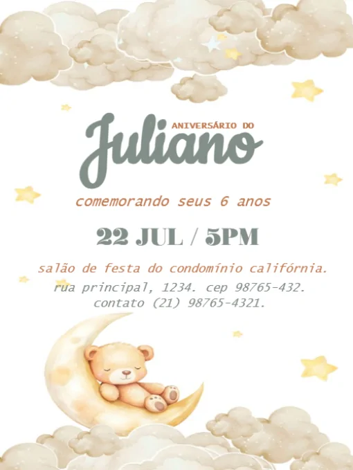 Modelo de convite - aniversário ursinho lua para editar