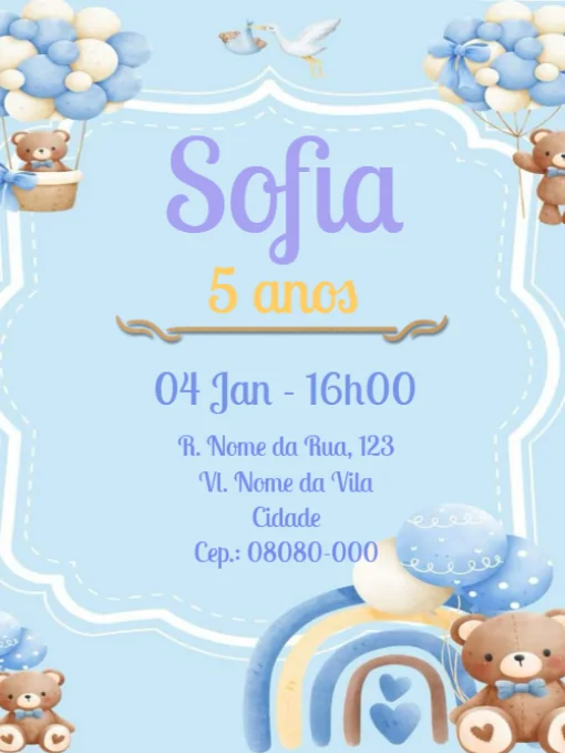 Convite de aniversário virtual infantil - Ursinho Para Editar Convite de aniversário virtual infantil - Ursinho Para Editar