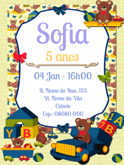 Convite de aniversário virtual Ursinho Para Editar Convite de aniversário virtual Ursinho Para Editar