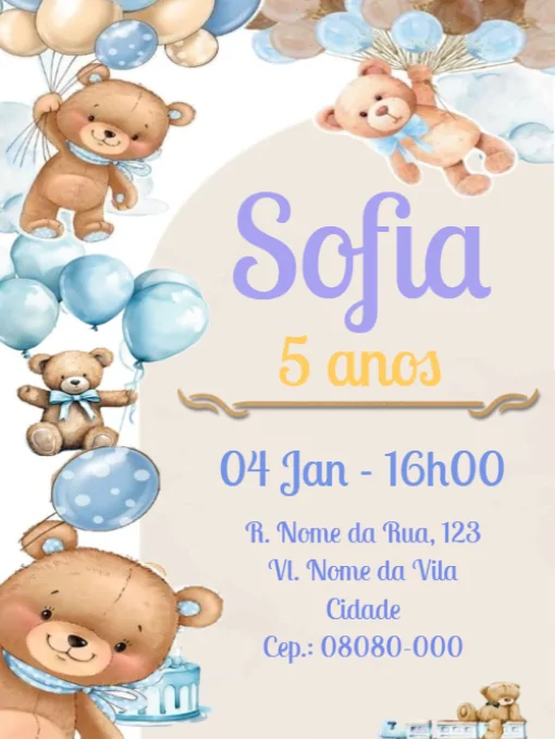 Convite de aniversário virtual Ursinho Para Editar Convite de aniversário virtual Ursinho Para Editar
