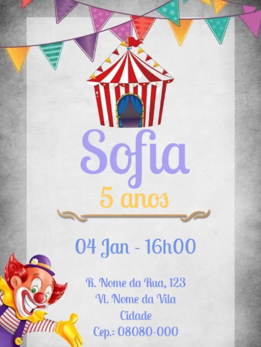 Convite de aniversário virtual Palhaço Para Editar Convite de aniversário virtual Palhaço Para Editar