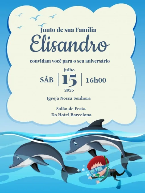 Modelo de convite - aniversário fundo do mar golfinho para editar