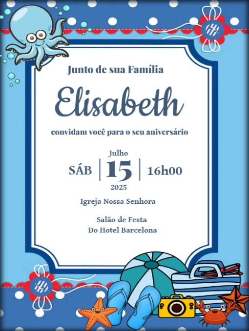 Modelo de convite - caniversário no fundo do mar golfinho para editar