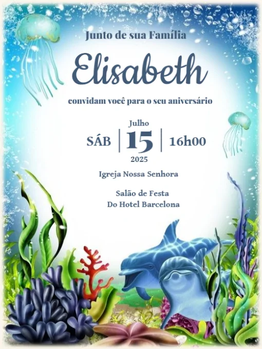 Convite De CAniversário no Fundo do Mar Golfinho Para Editar Convite De CAniversário no Fundo do Mar Golfinho Para Editar