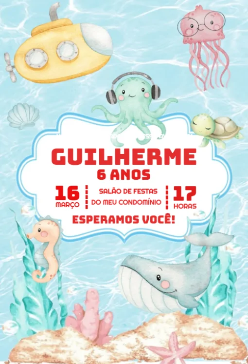 Modelo de convite - digital fundo do mar animais para editar