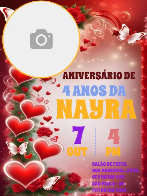 Modelo de convite - festa aniversário corações e borboleta para editar