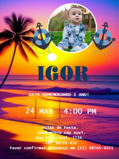 Convite Infantil De Aniversário De 1 Ano Mar Para Editar Convite Infantil De Aniversário De 1 Ano Mar Para Editar