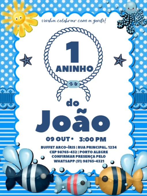 Modelo de convite - infantil aniversário 1 ano peixes para editar