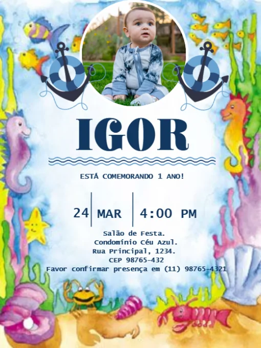 Convite Infantil De Aniversário De 1 Ano Fundo Do Mar Para Editar Convite Infantil De Aniversário De 1 Ano Fundo Do Mar Para Editar