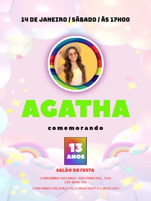 Modelo de convite - aniversário arco iris com foto para editar