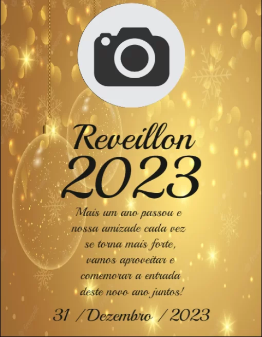 Convite Reveillon dourado com Foto  Convite Reveillon dourado com Foto