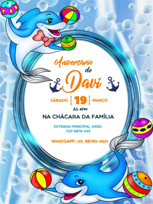Modelo de convite - aniversário golfinho azul para editar