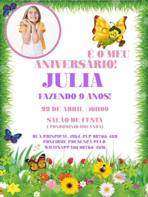 Modelo de convite - convites aniversário borboleta com foto para editar